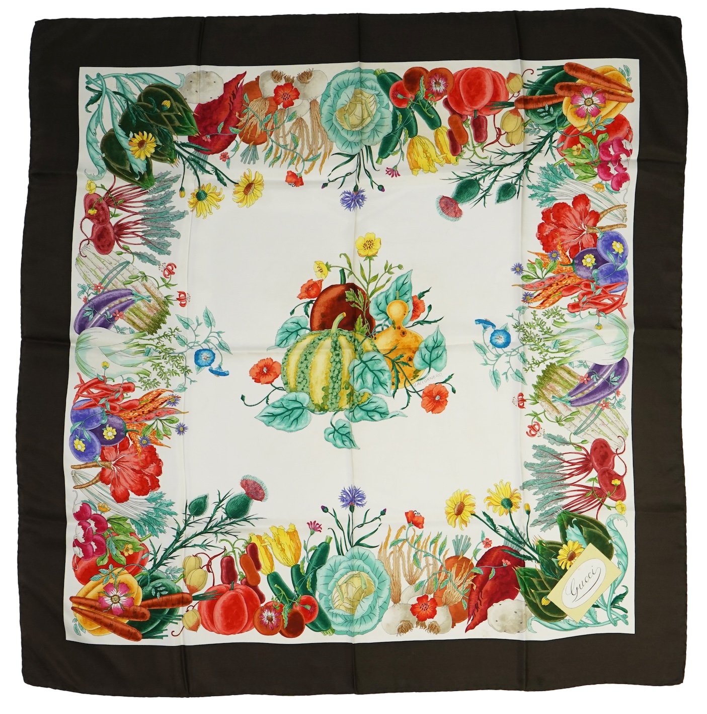 A Gucci vegetable garden design silk scarf by Vittorio Accornero, 87 x 86cm